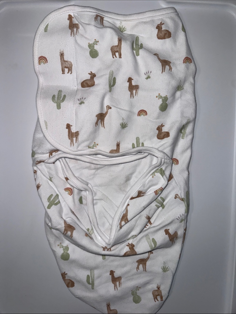 aden + anais White Swaddle with Brown Llama and Green Cactus Print